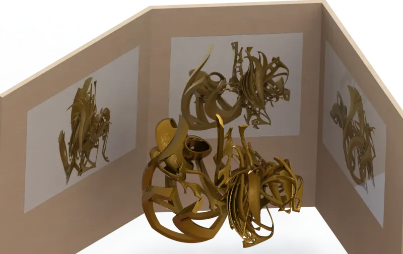 Digital sculpture study shown in a room; from Igal Kaptsan's archive of sculpture projects with Frank Stella
