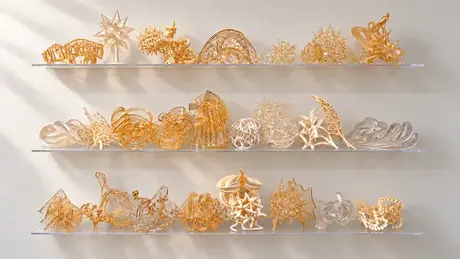 Three shelves of 3D-printed sculpture studies made by Igal Kaptsan for Frank Stella sculpture projects, coated in epoxy