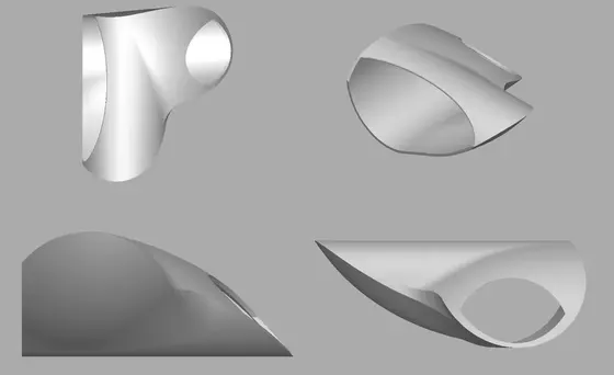 Four views of the chocolate mould the open heart was modelled from; from Igal Kaptsan's archive of sculpture projects with Frank Stella
