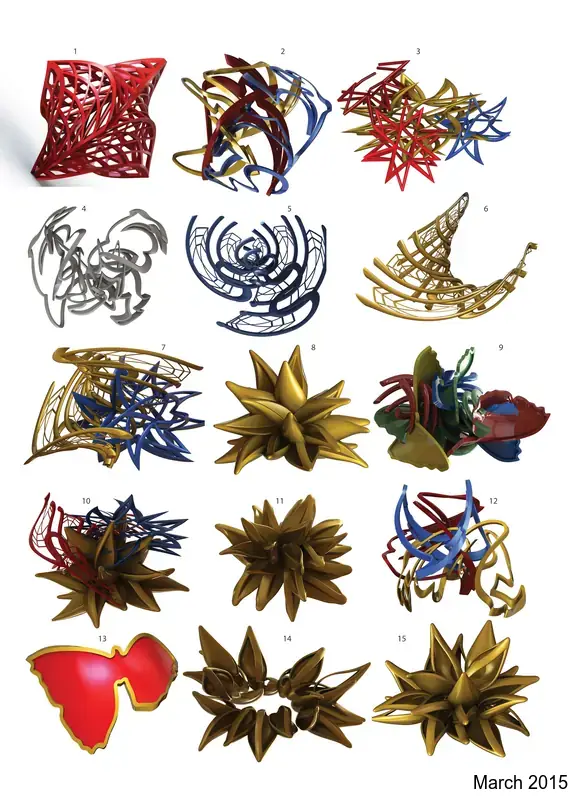 A printed sheet of sculpture concepts sent to Frank Stella, March 2015