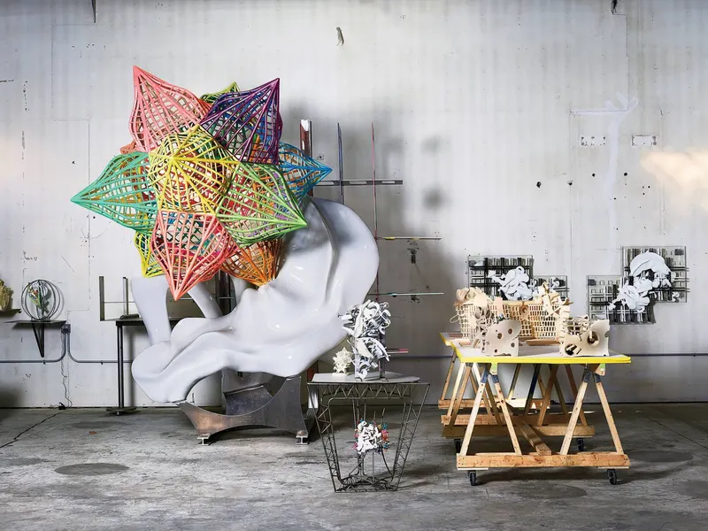 Frank Stella’s studio, with a large star sculpture in the centre; from Igal Kaptsan's archive of sculpture projects with Frank Stella