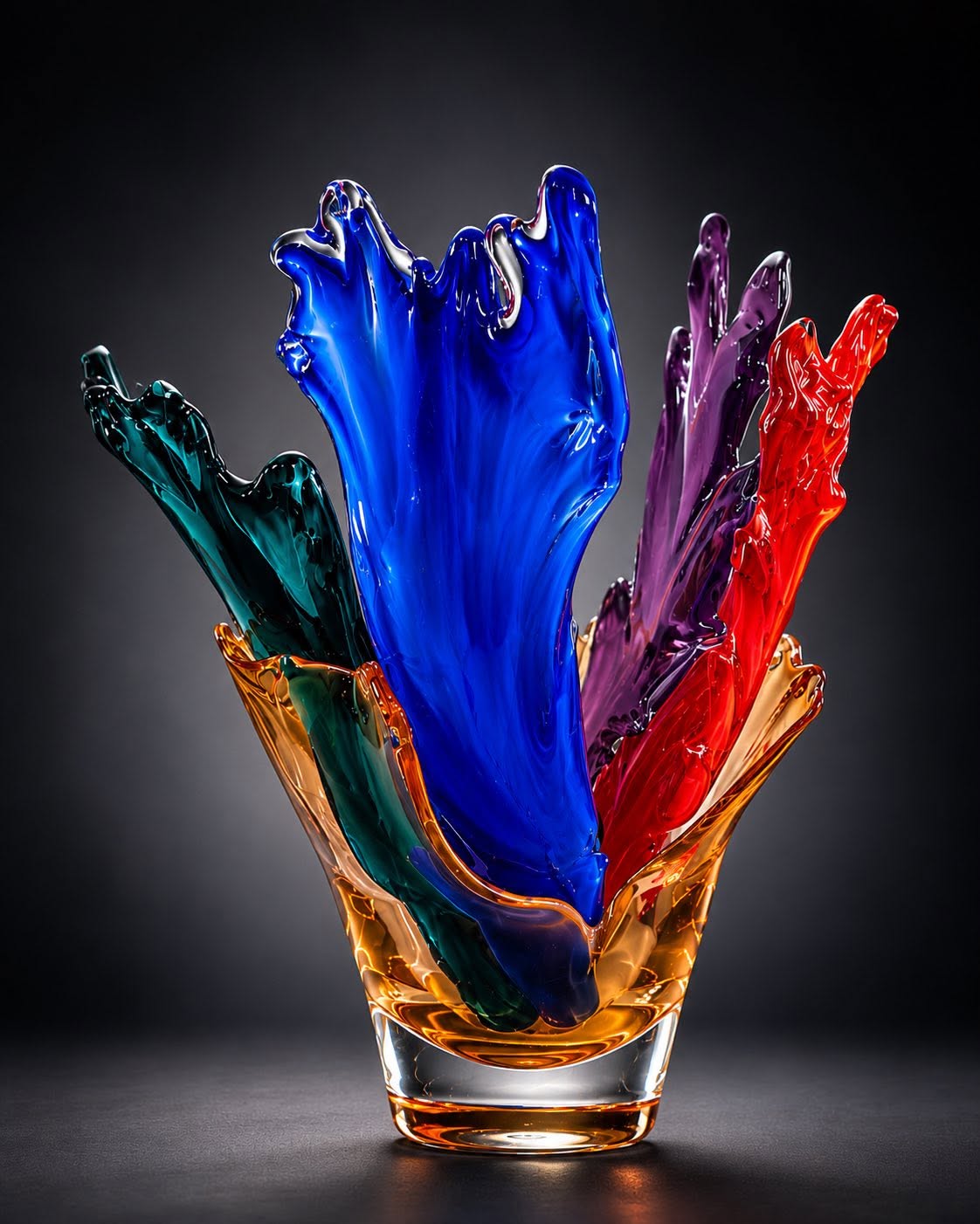 Blown glass vessel with blue, purple, orange and green petal forms rising from an amber bowl