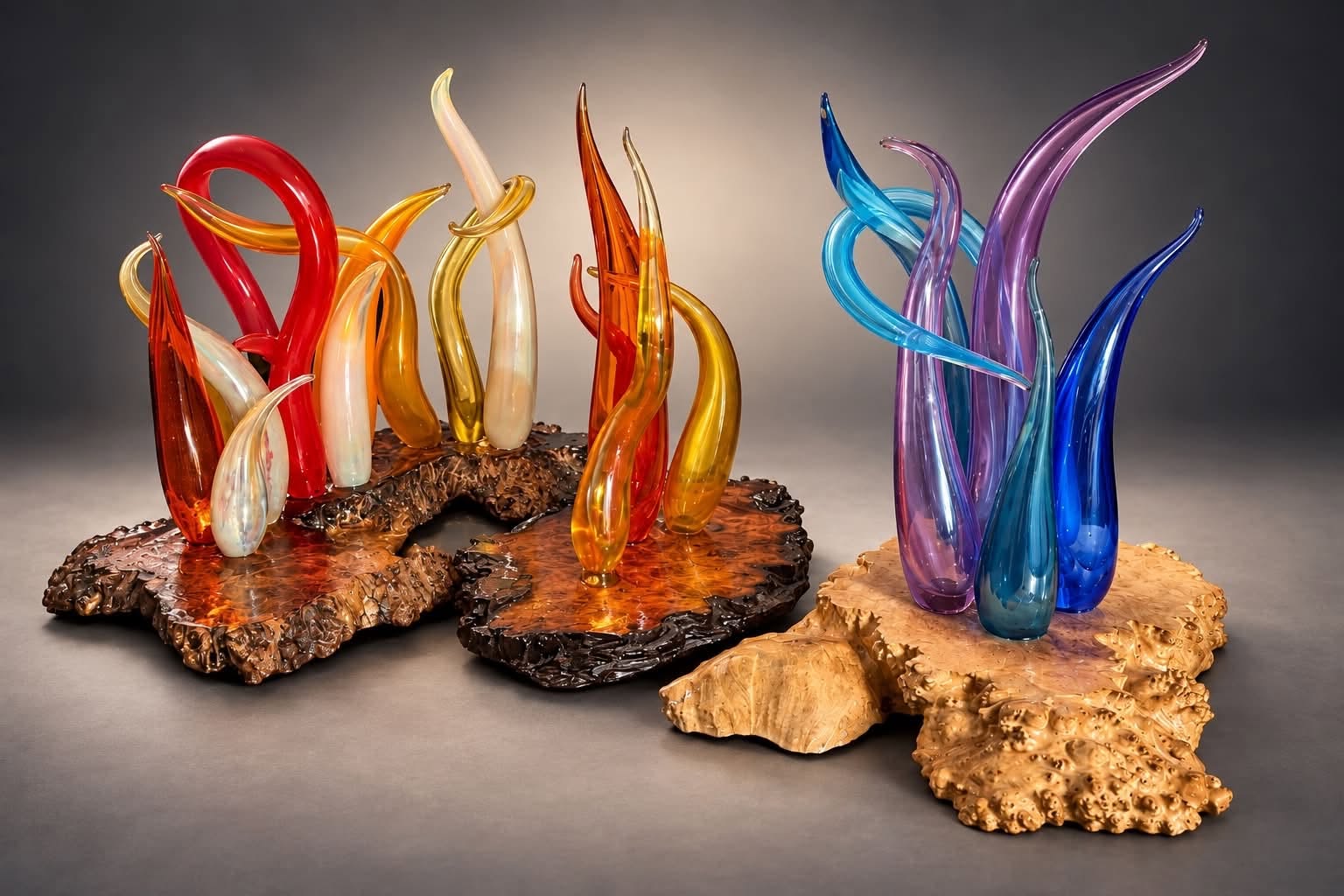 Three groups of glass forms in red and amber, orange, and blue and violet, each on its own live-edge wood base