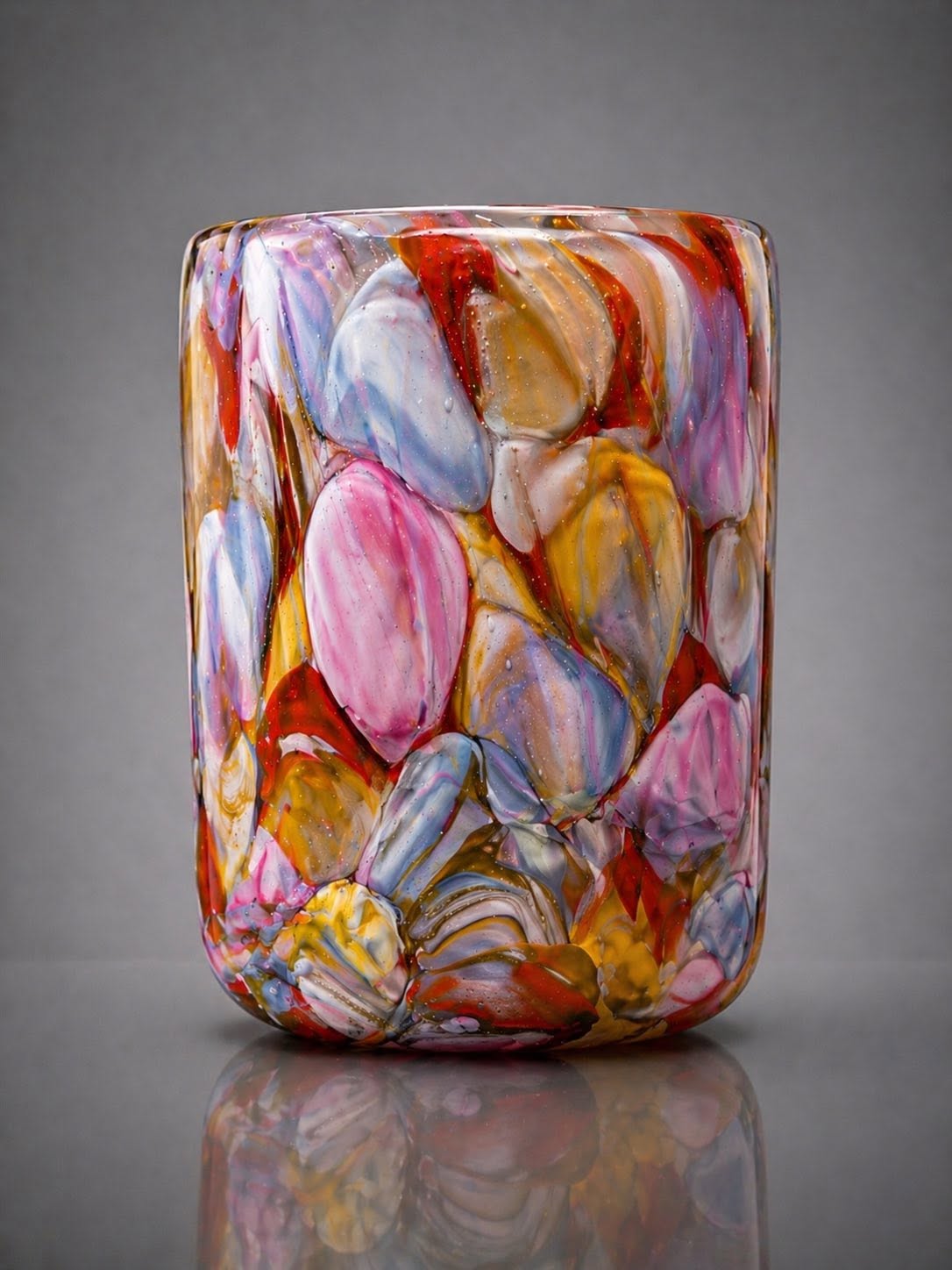 Blown glass vessel in pink, amber, blue and red mottled colour