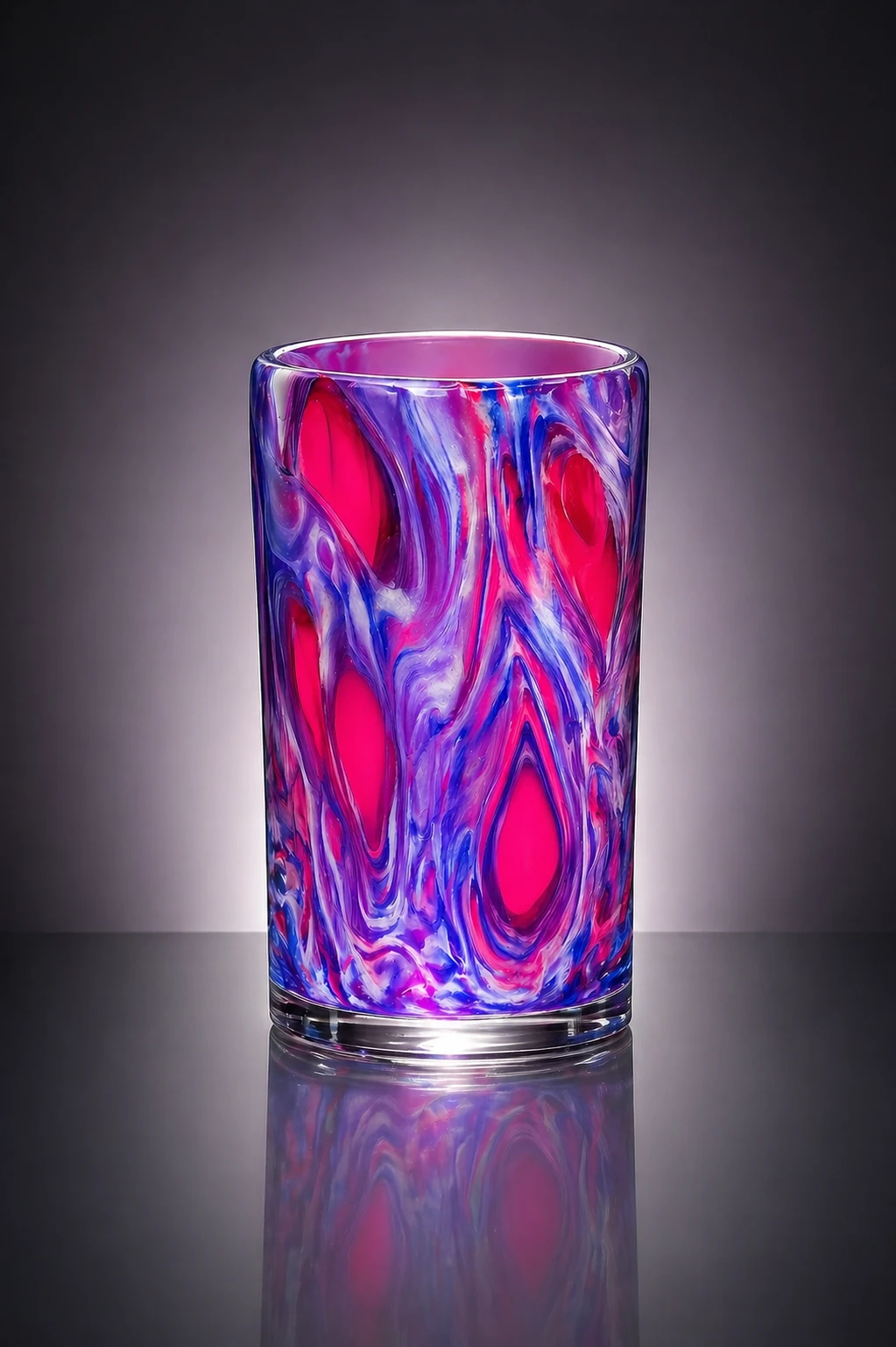 Blown glass cylinder in magenta, violet and blue, the colour drawn into long vertical flames