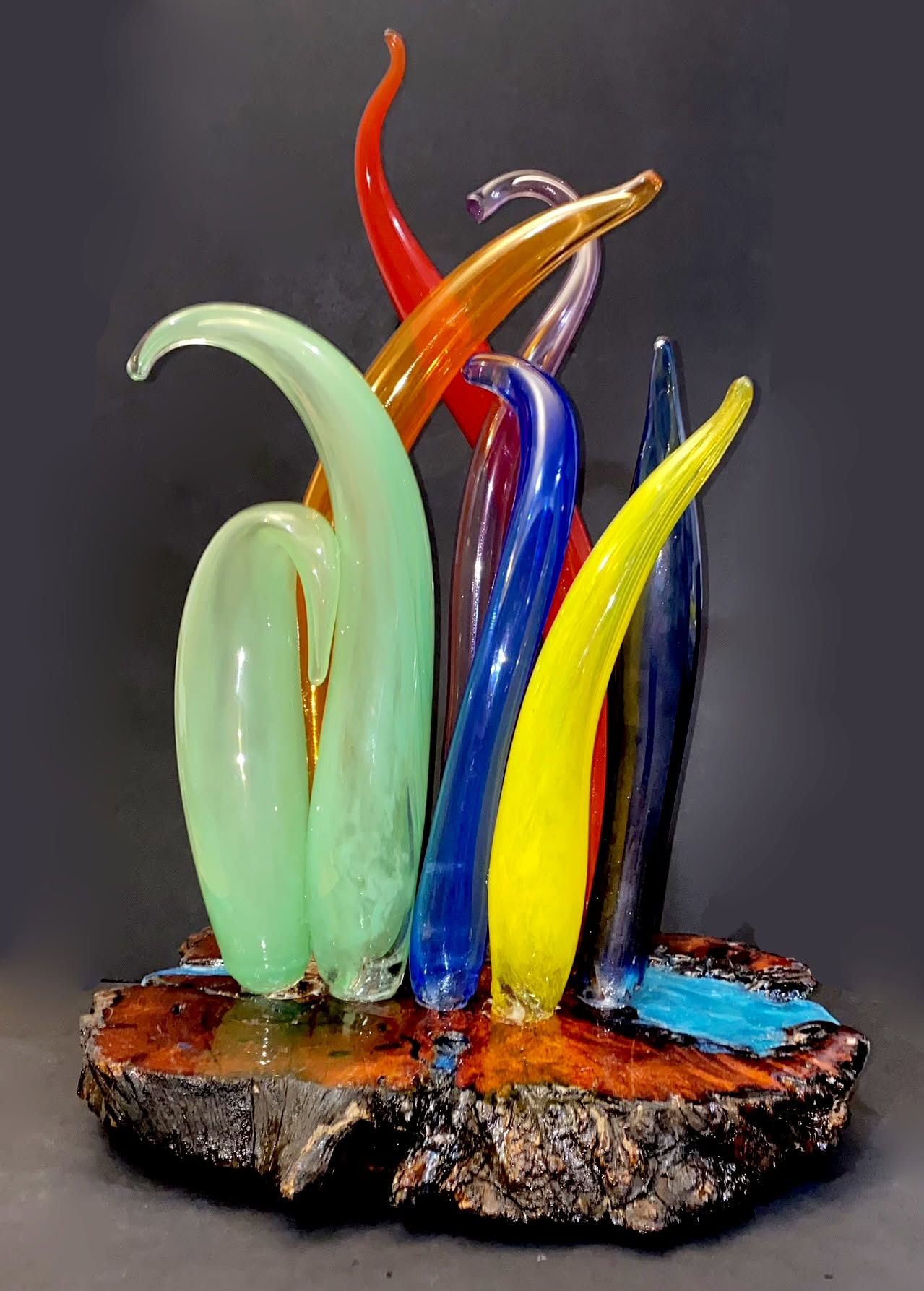 Upright glass forms in green, red, amber, blue and yellow rising from a live-edge burl base