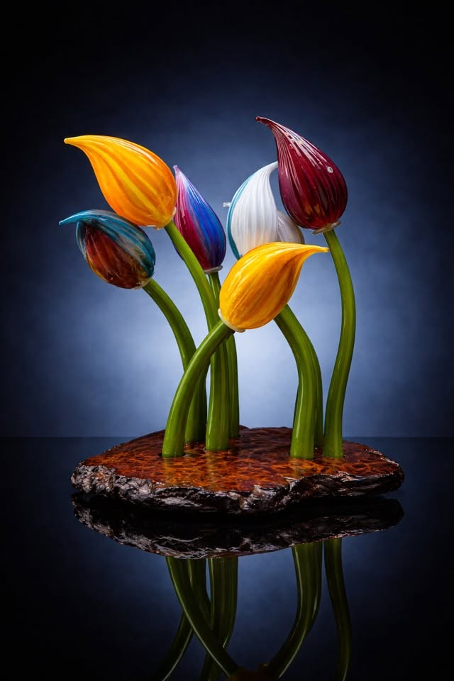 Hand-blown glass tulips in yellow, red, white and blue on green stems, set into an amber burl base