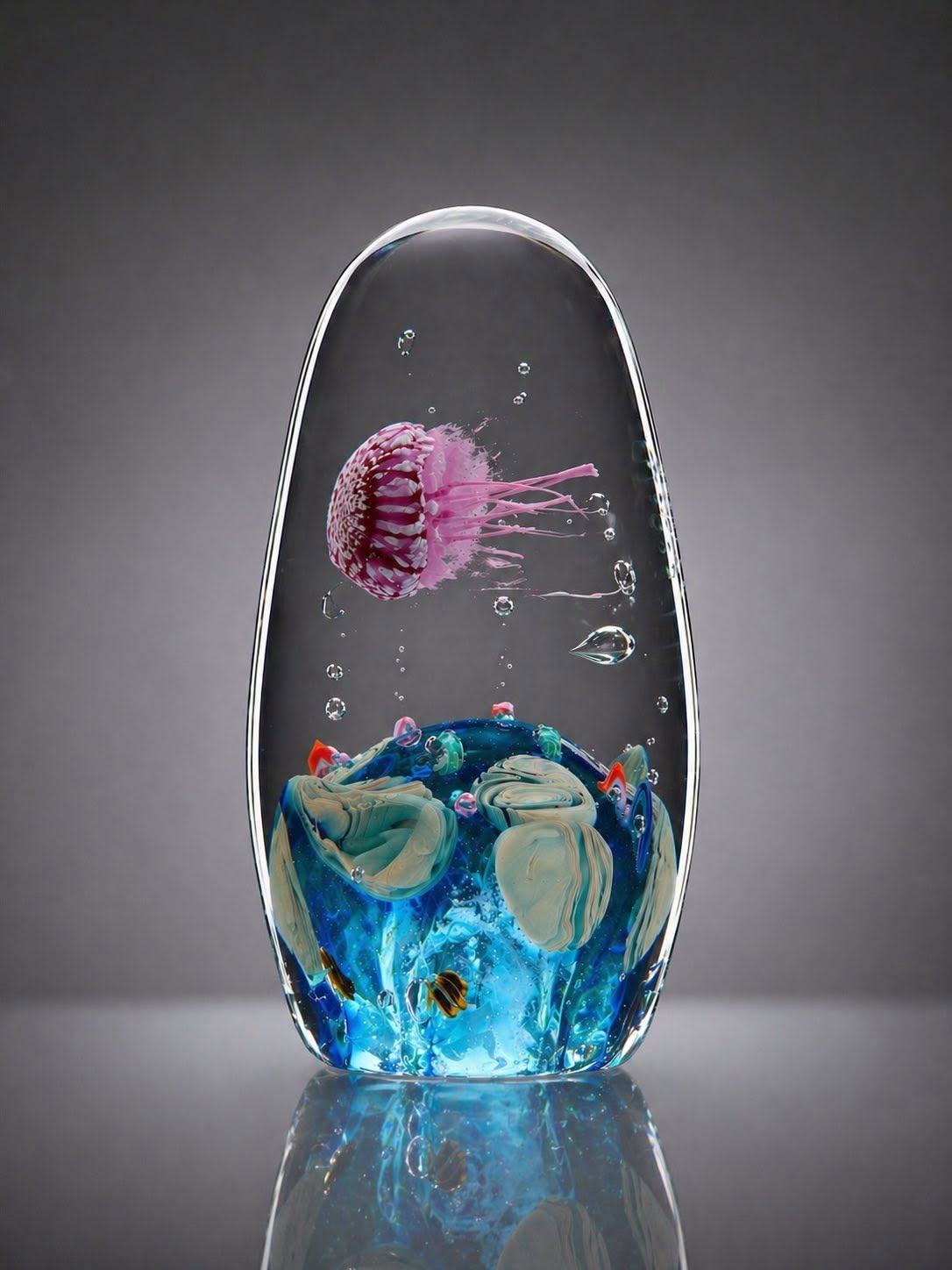 Clear glass form enclosing a pink jellyfish with bubbles and a blue reef below