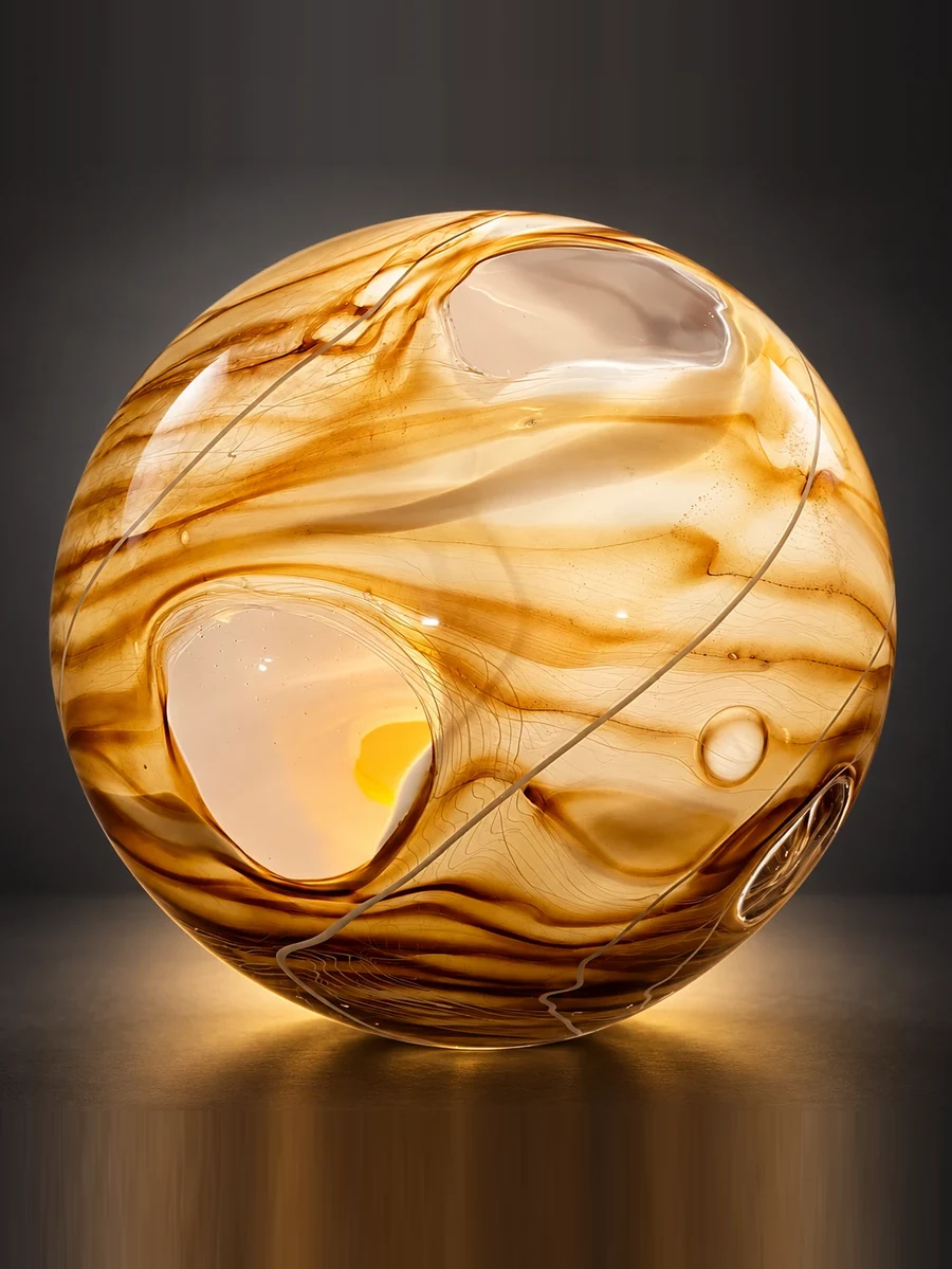 A blown glass sphere in amber and cream, the colour pulled into wide bands, with two clear openings worked through the wall and the light coming up through the floor beneath it
