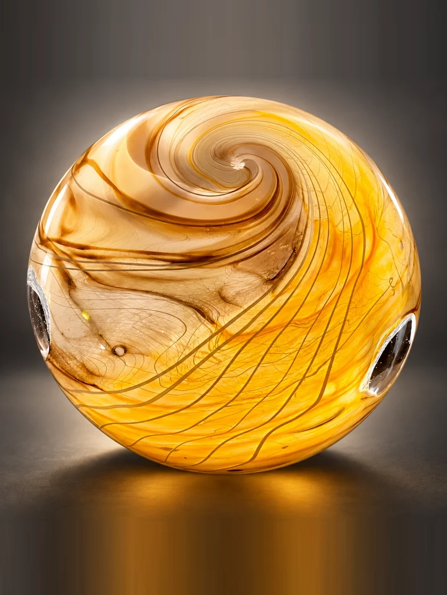 The same blown glass sphere turned around, showing a spiral worked into the top and fine trailed lines running down the side, with two clear openings at the equator
