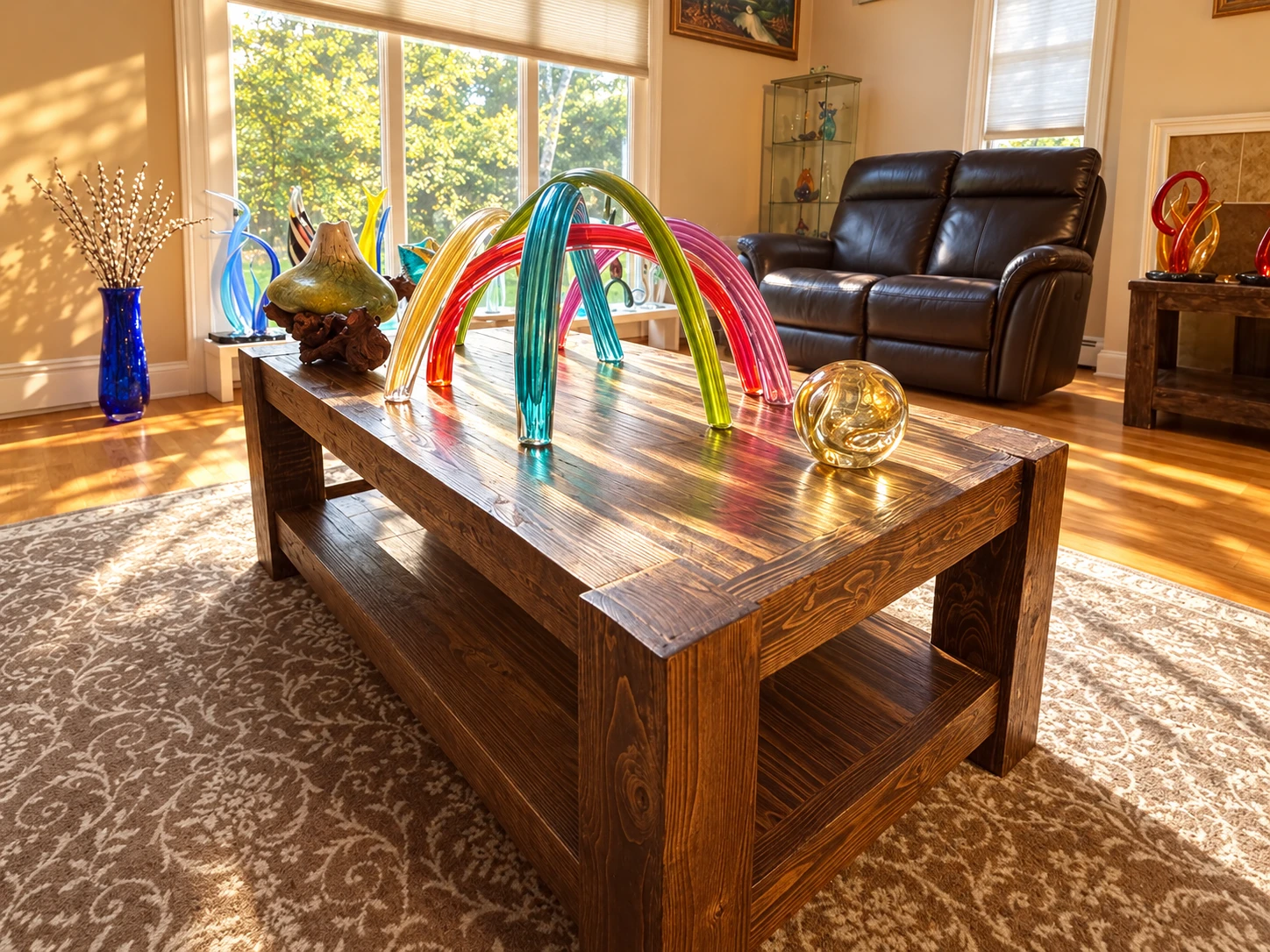 Five glass arches in red, yellow, green and turquoise spanning a wood table in a sunlit living room, with more glass on the windowsill behind