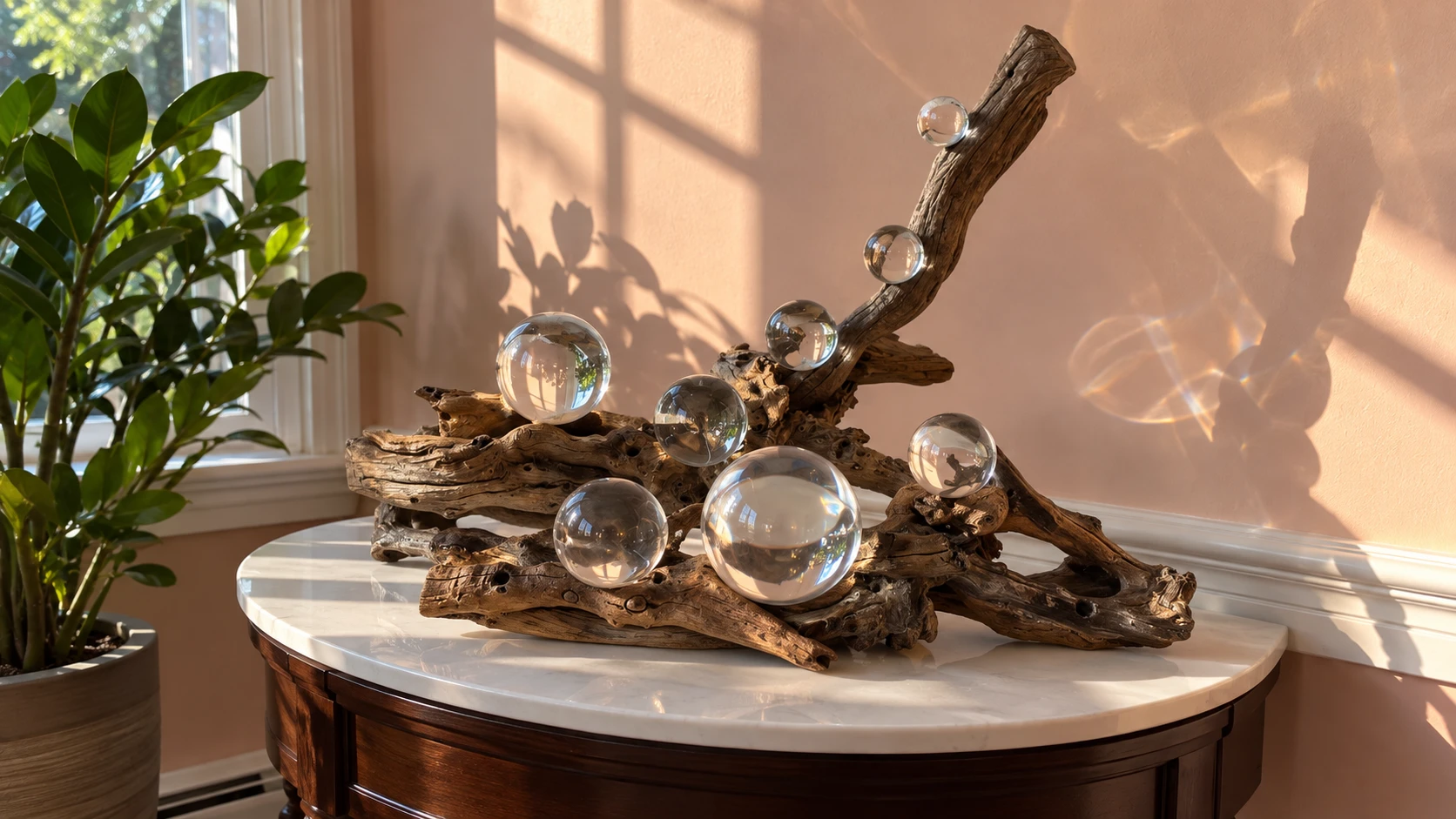 Six clear glass spheres resting in a weathered driftwood branch on a marble table, throwing caustic light onto the wall behind