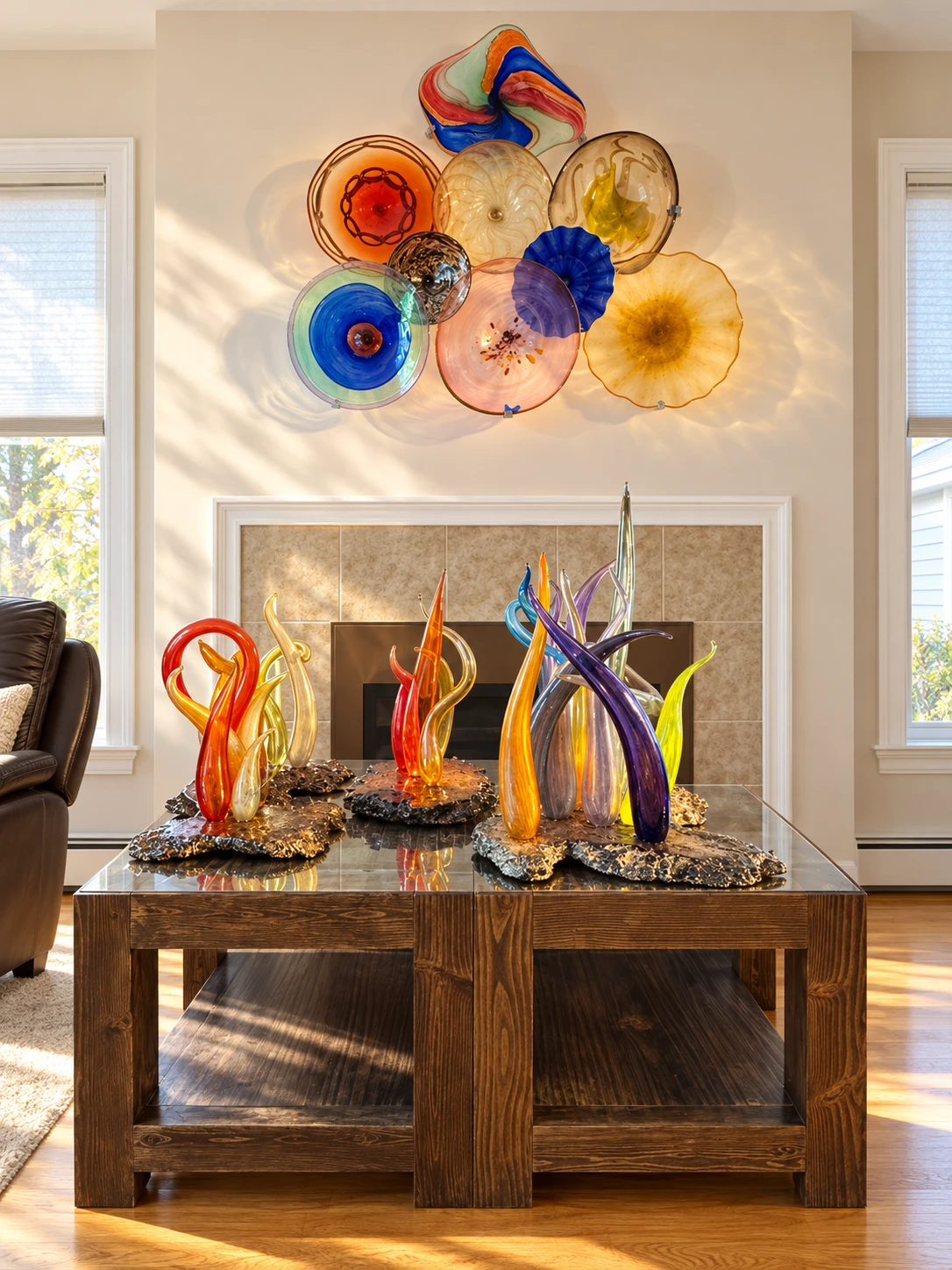 A wall installation of ten blown glass plates above a fireplace, with groups of tall flame-shaped glass forms on the tables below