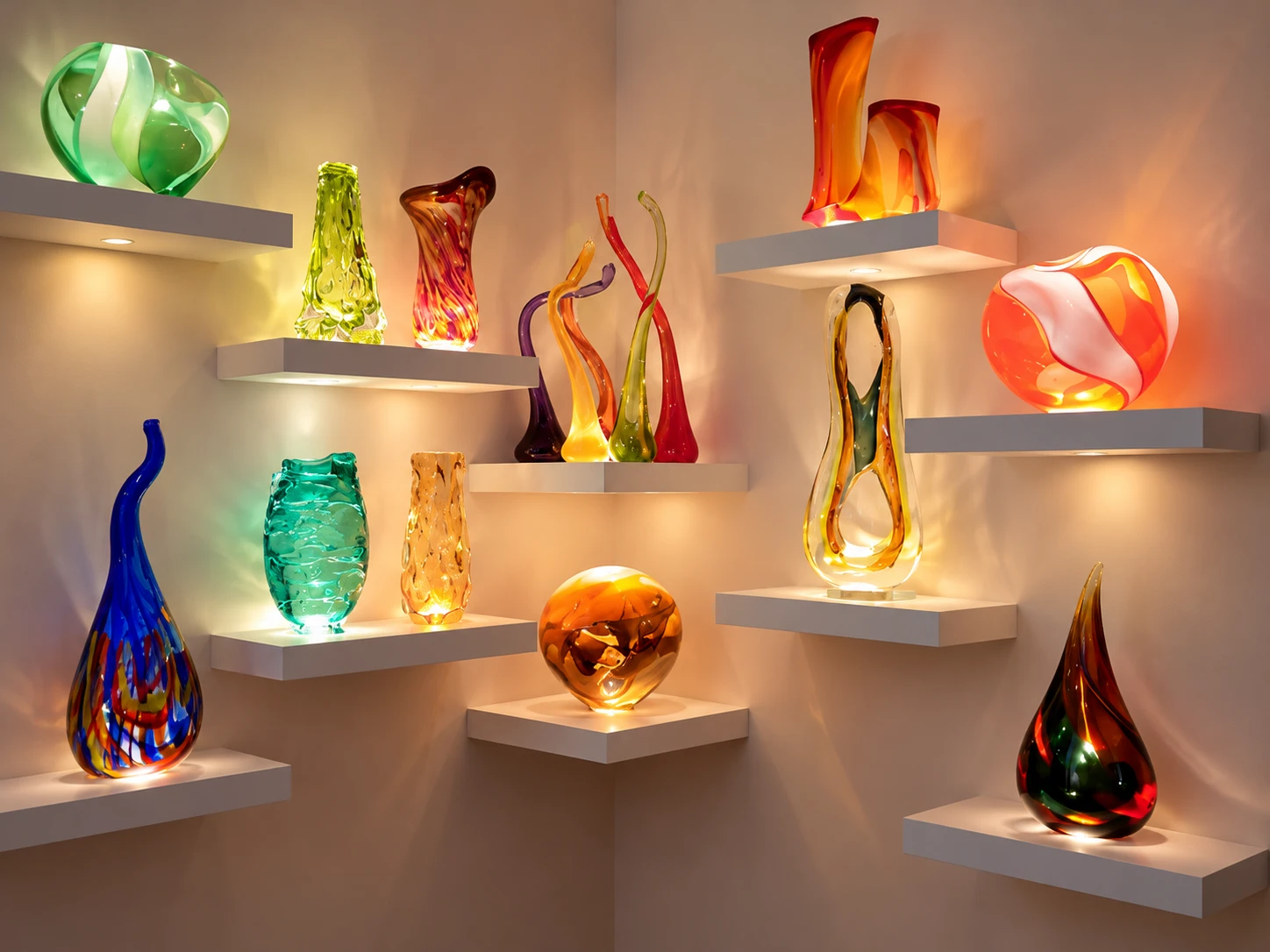 A corner of lit wall shelves holding fifteen blown glass pieces in green, amber, blue, red and orange, each shelf downlit so the glass glows